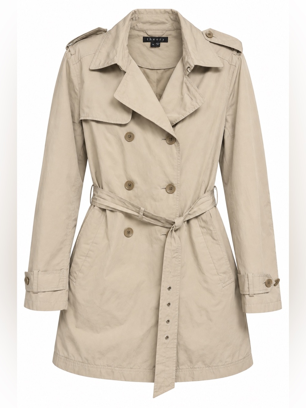 Theory Beige Double-Breasted Belted Trench Coat